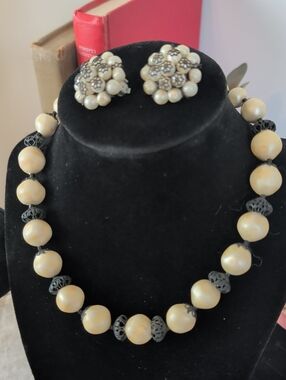 Signed Laguna Faux Pearl Necklace & Clip Earring Set Vintage 1950s Mid-Century